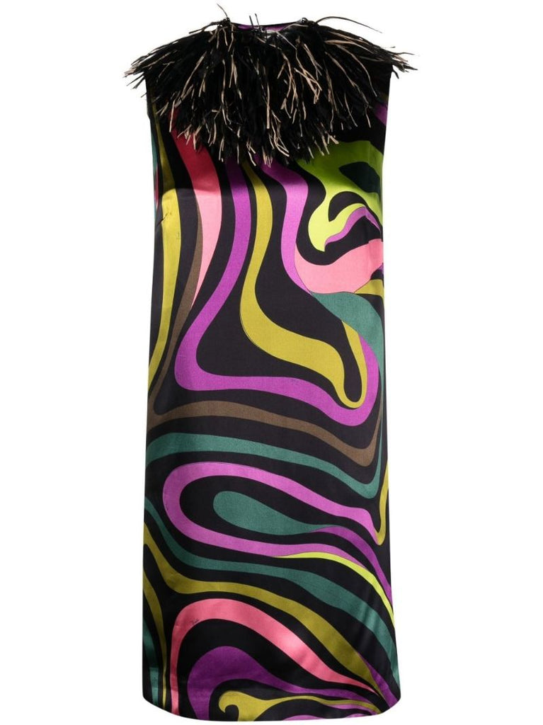 Green Marmo Print Fringe-trimmed Mini Dress