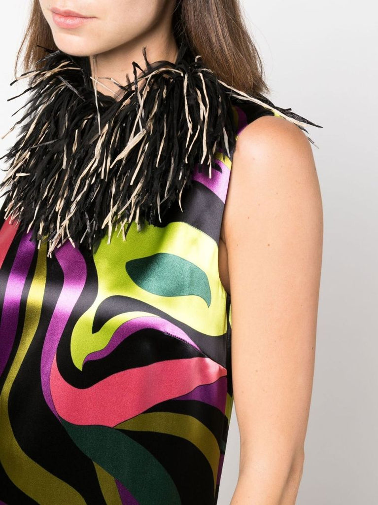 Green Marmo Print Fringe-trimmed Mini Dress