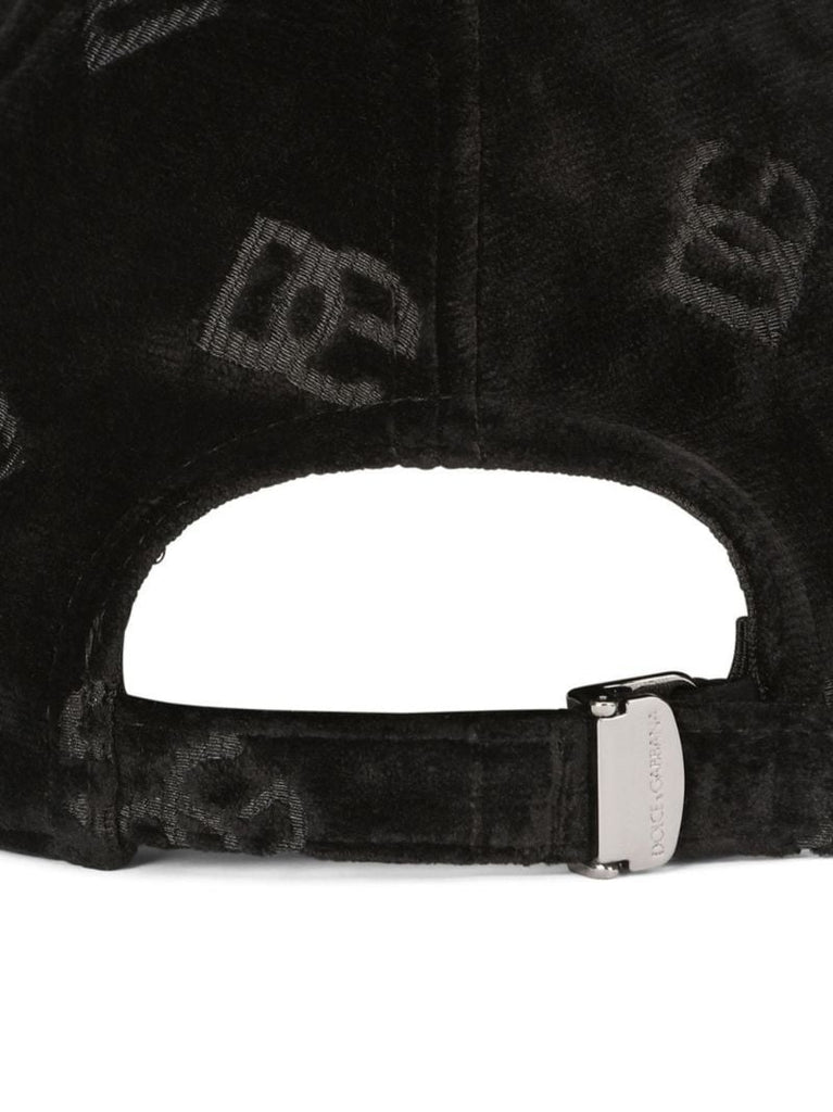 Black Logo Print Velvet Baseball Cap