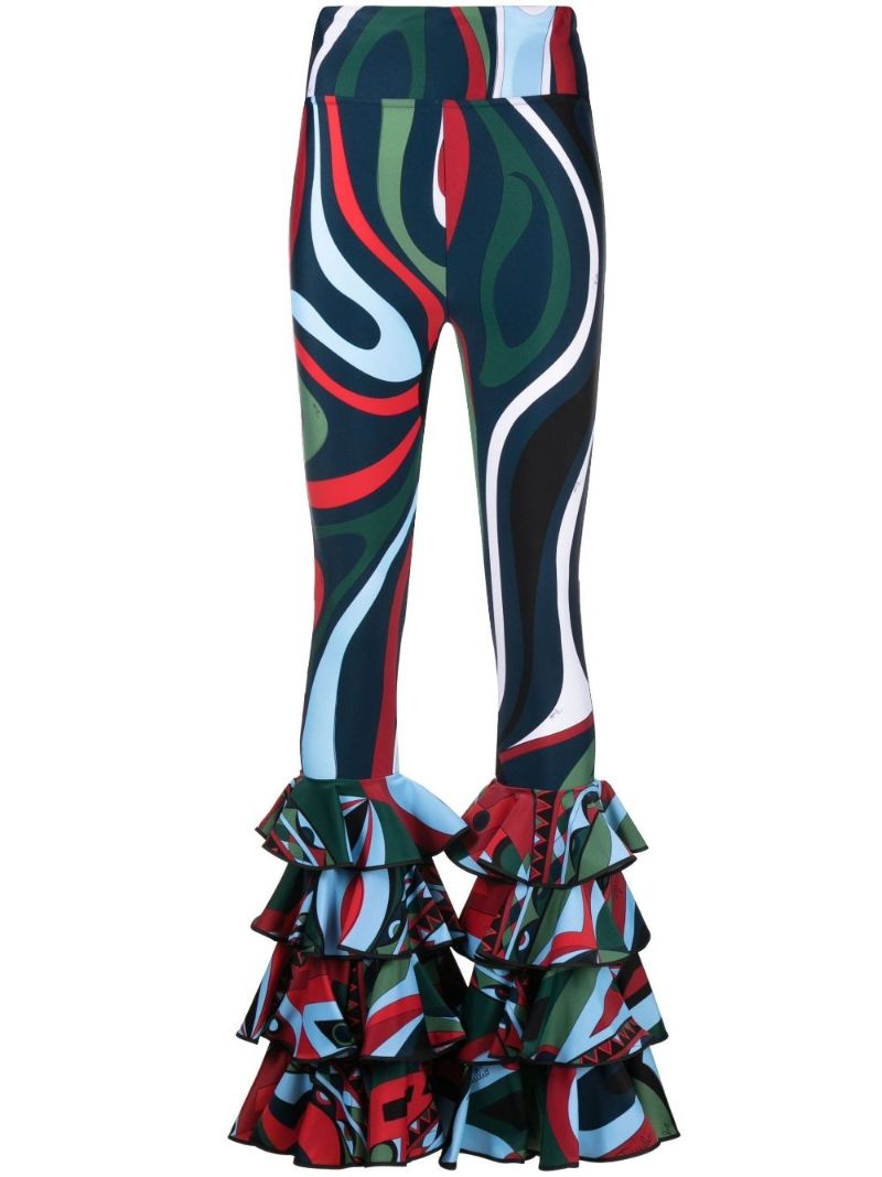 Blue Marmo Print Ruffled High Waist Leggings