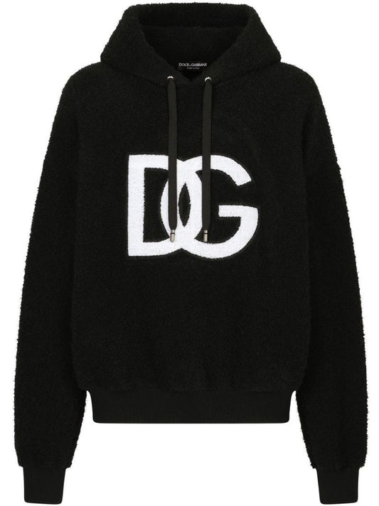 Black Towelling Logo Patch Hoodie