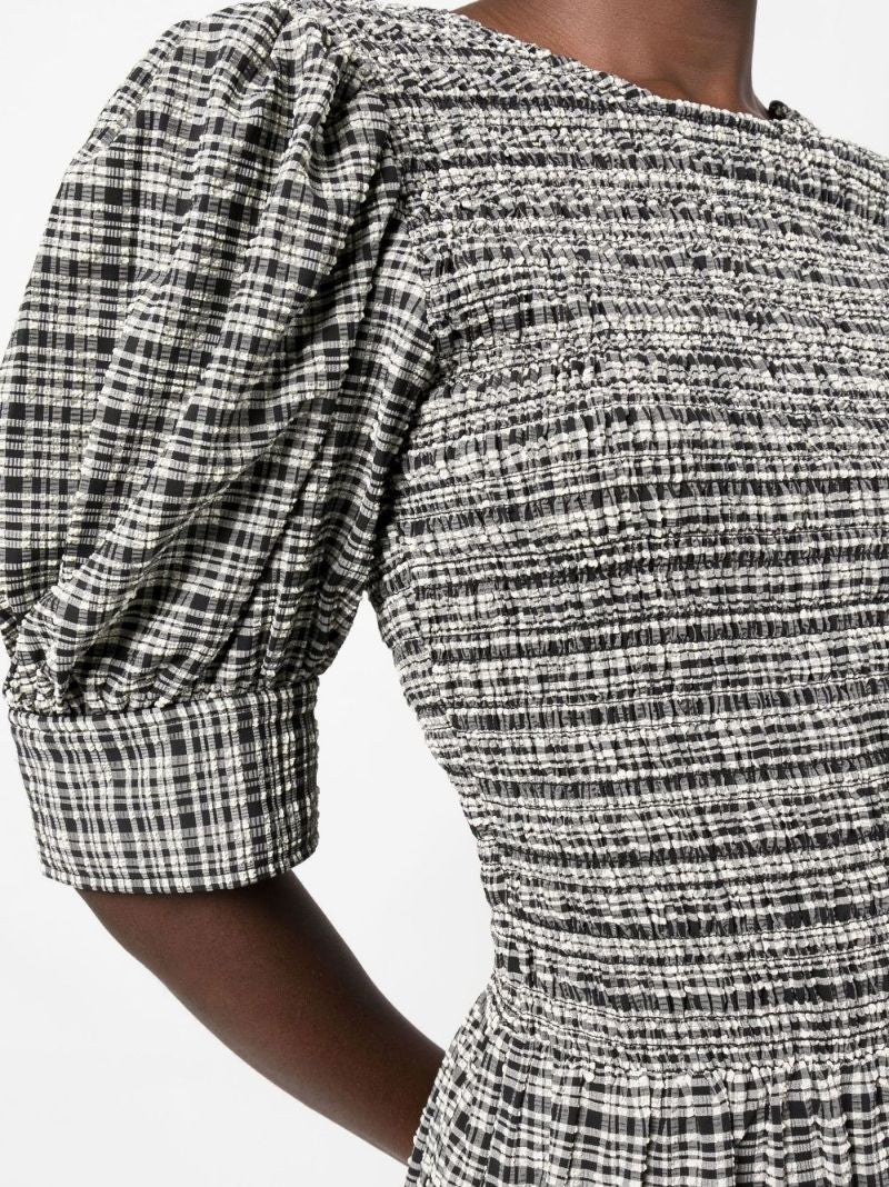 Black Seersucker Check Print Midi Dress
