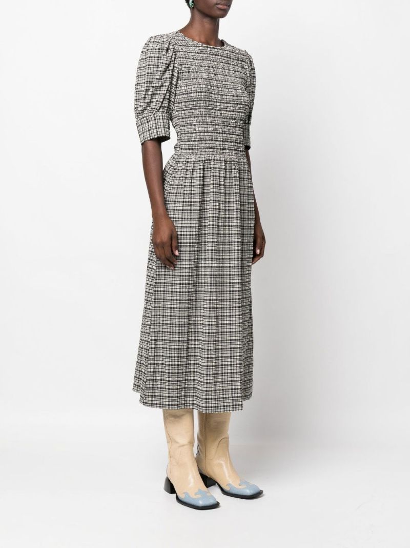 Black Seersucker Check Print Midi Dress