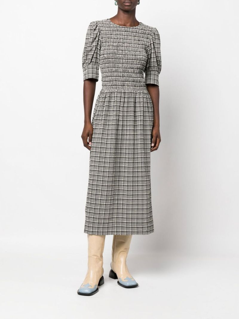 Black Seersucker Check Print Midi Dress