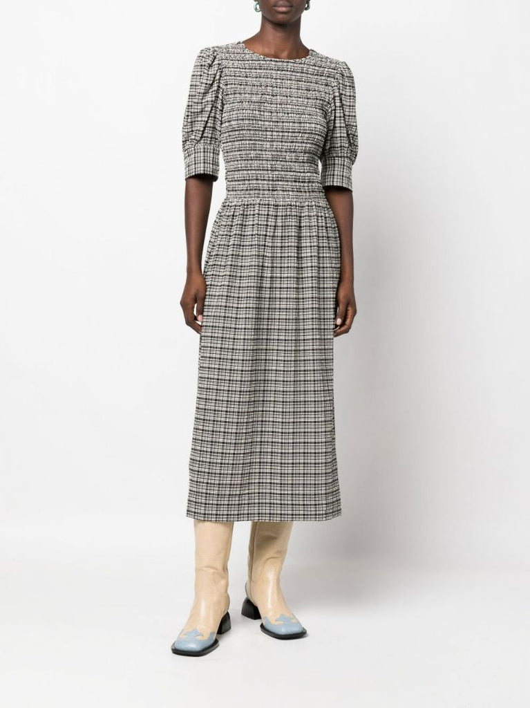 Black Seersucker Check Print Midi Dress
