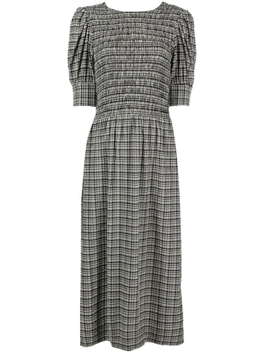 Black Seersucker Check Print Midi Dress