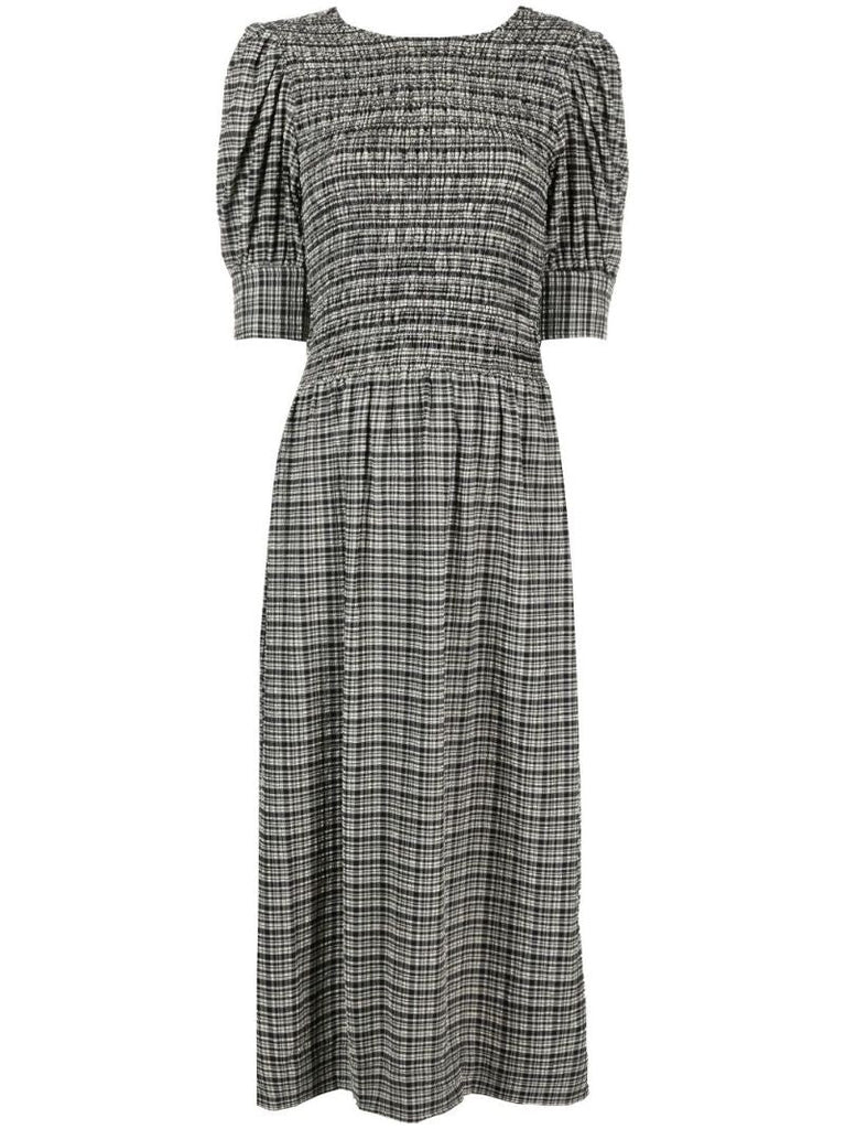 Black Seersucker Check Print Midi Dress