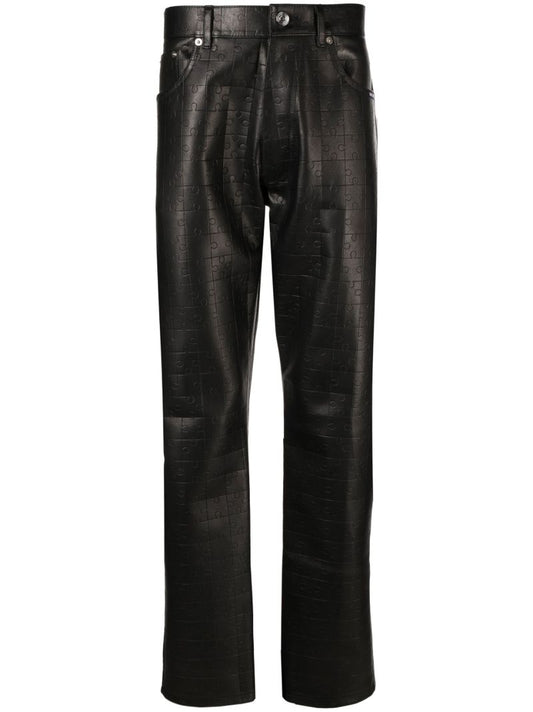Black Puzzle Embossed Leather Trousers