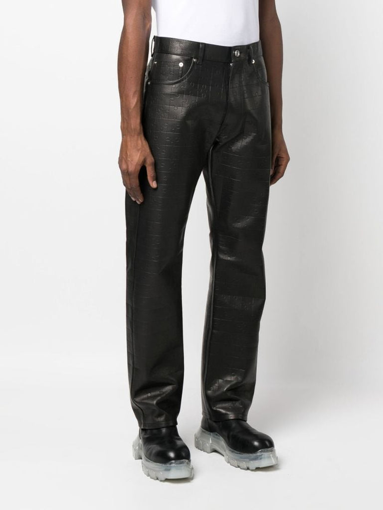 Black Puzzle Embossed Leather Trousers