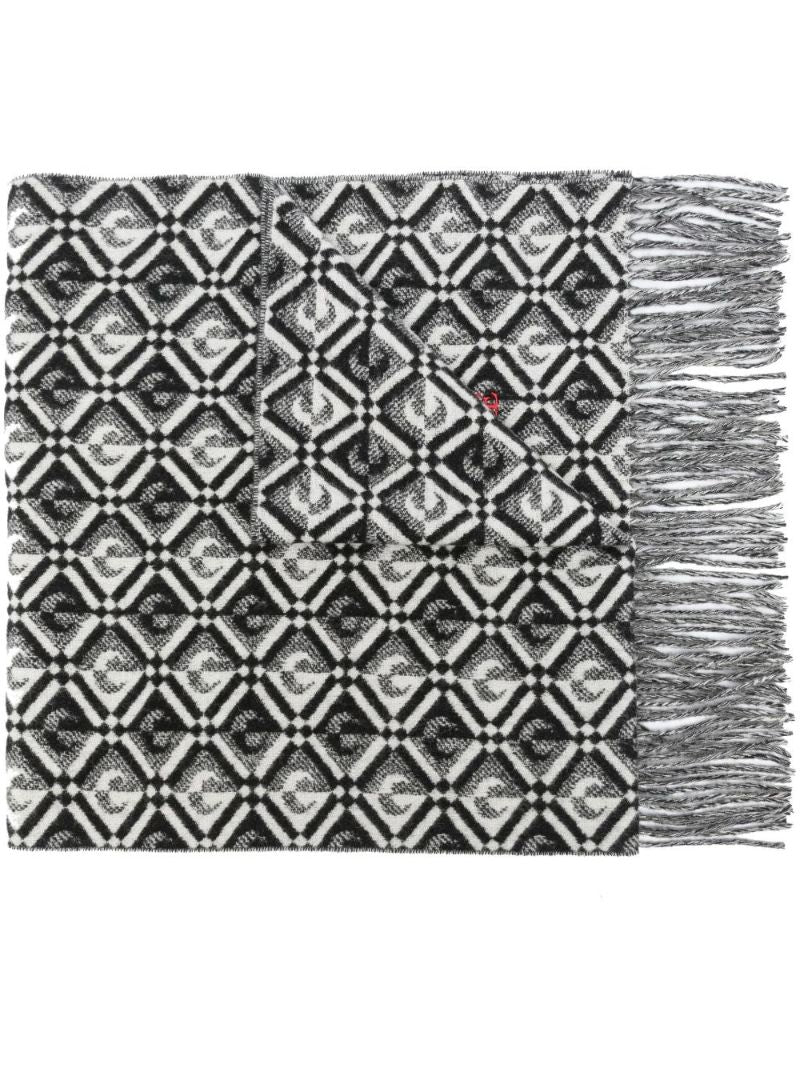 Black and White Monogram Fringed Scarf