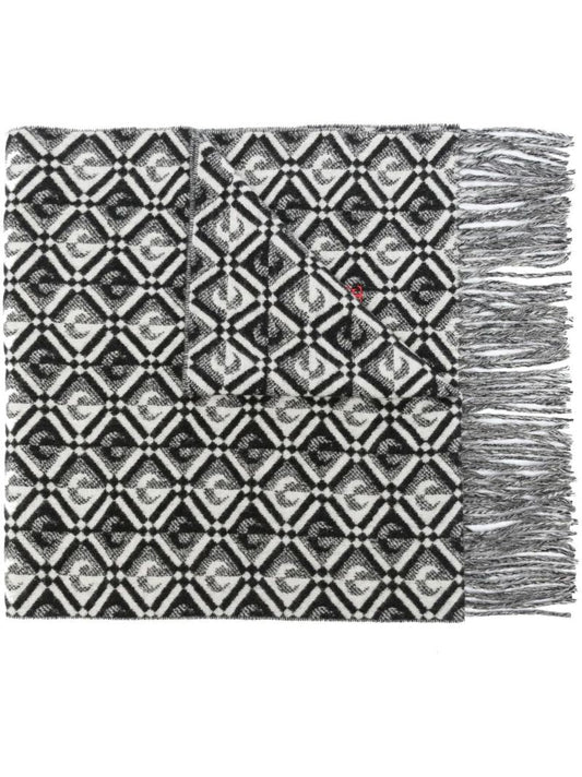 Black and White Monogram Fringed Scarf