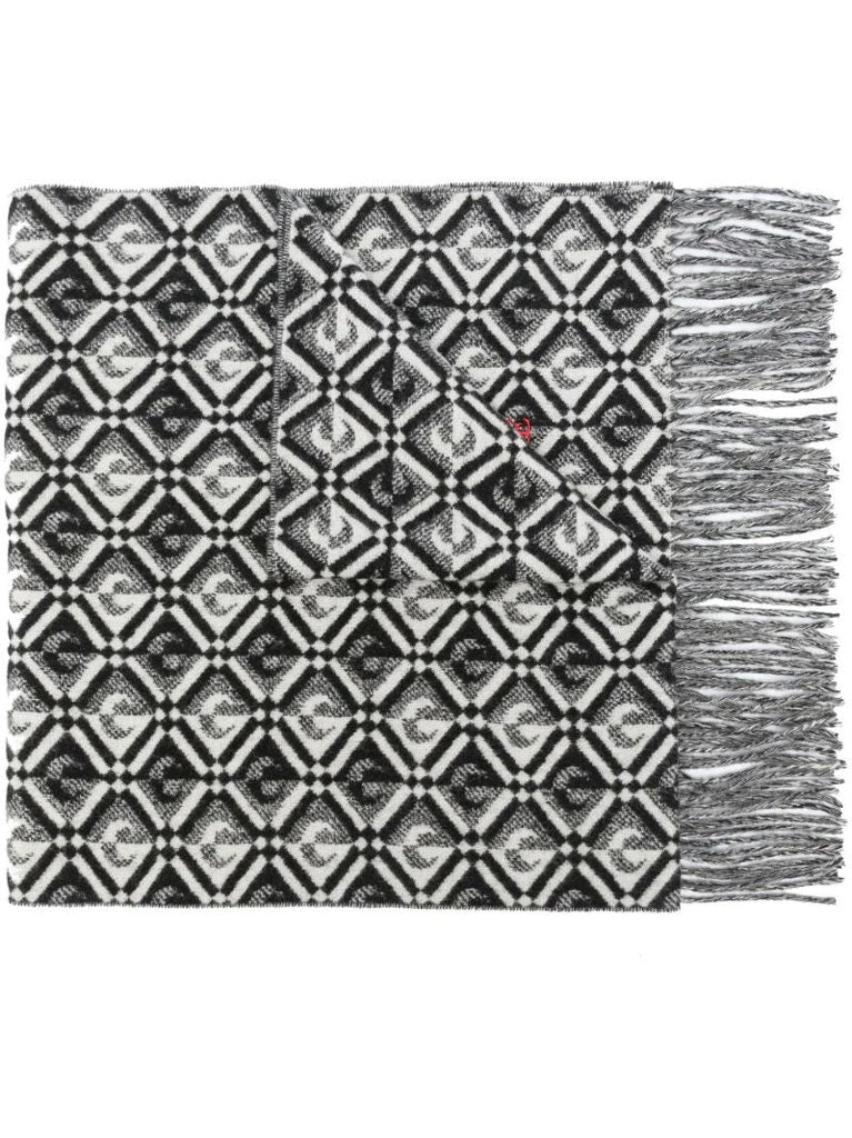 Black and White Monogram Fringed Scarf