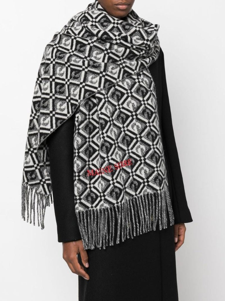 Black and White Monogram Fringed Scarf
