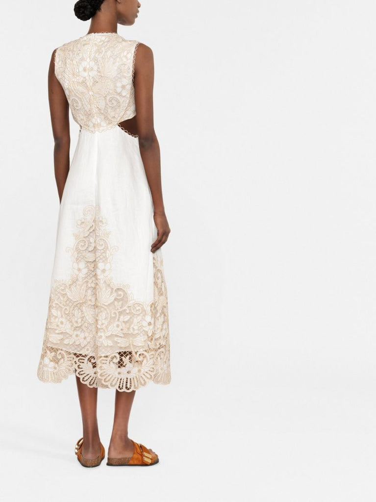 Neutral Embroidered Floral Linen Midi Dress