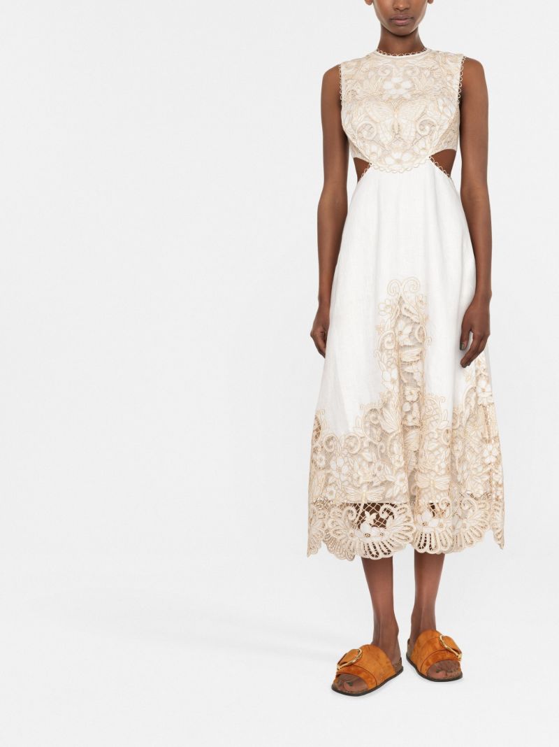 Neutral Embroidered Floral Linen Midi Dress