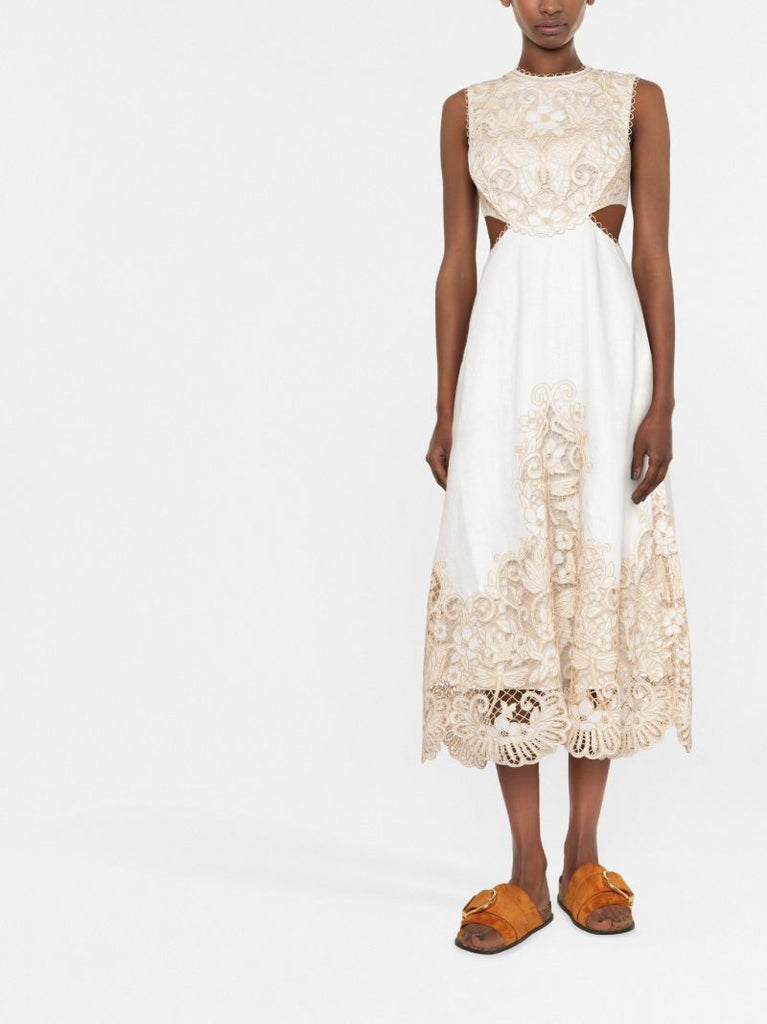 Neutral Embroidered Floral Linen Midi Dress