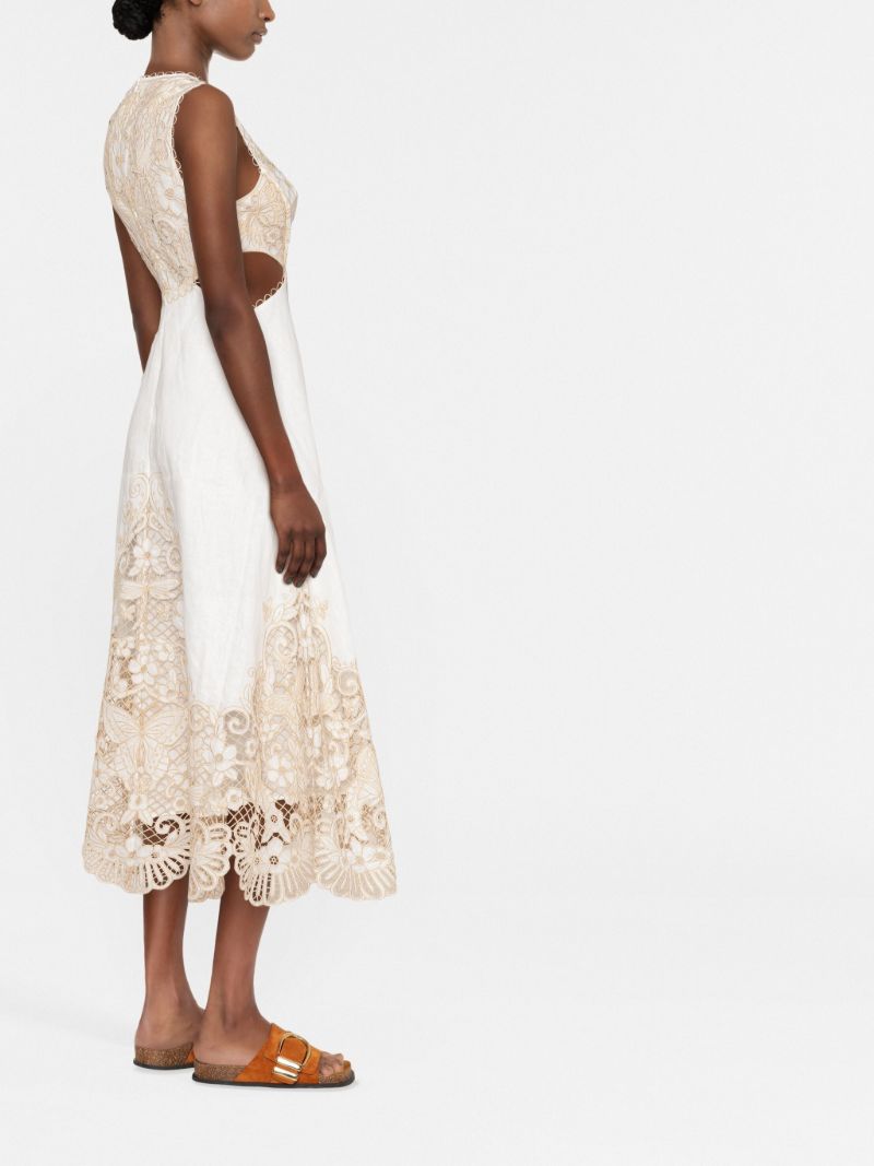 Neutral Embroidered Floral Linen Midi Dress