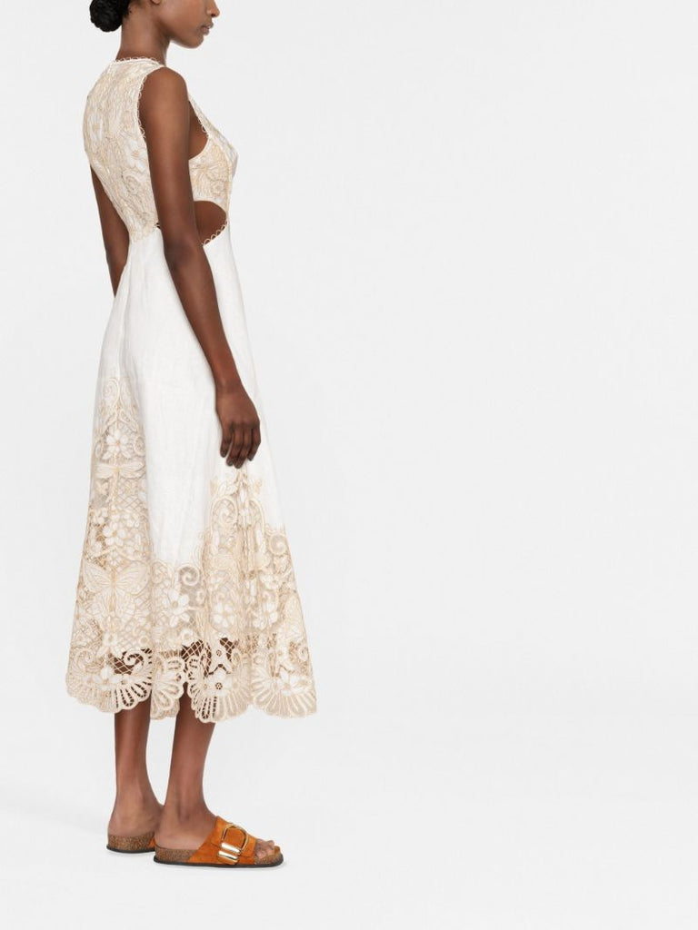 Neutral Embroidered Floral Linen Midi Dress