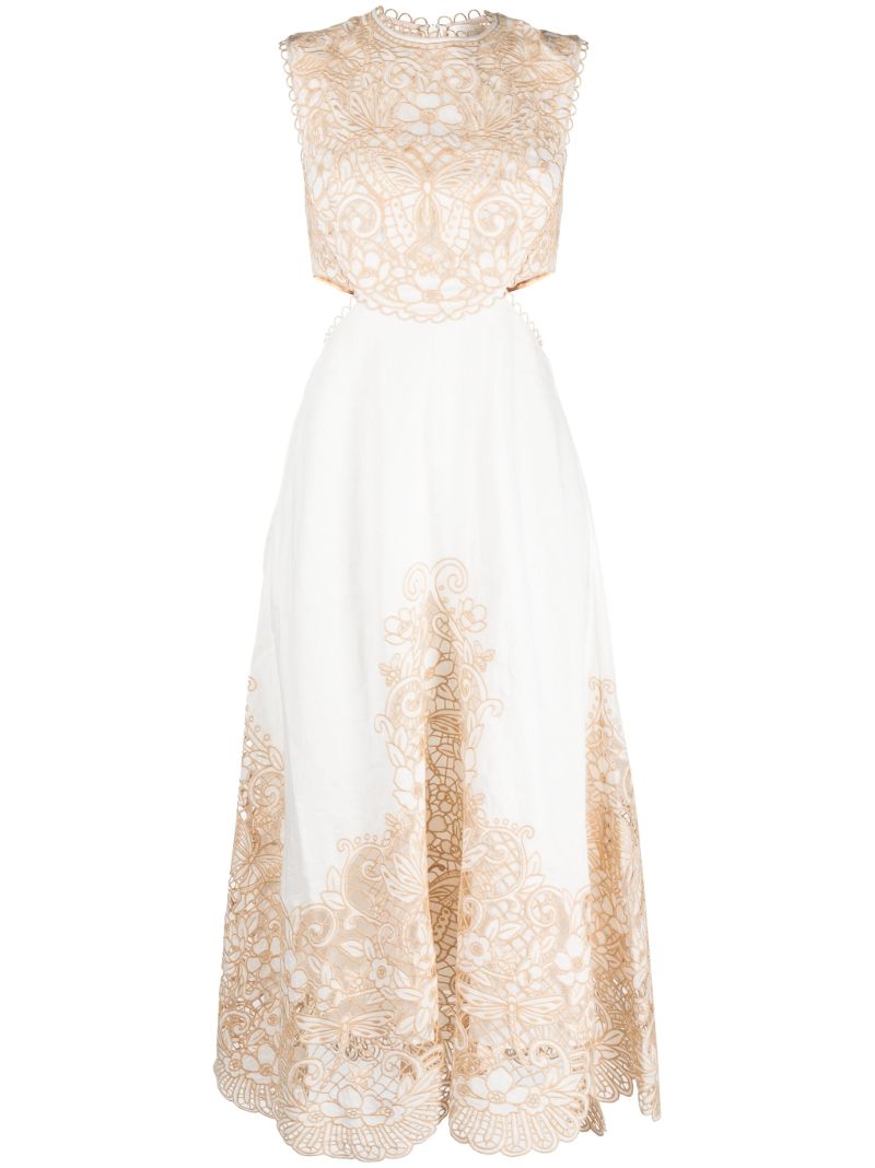Neutral Embroidered Floral Linen Midi Dress