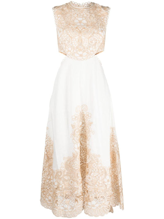 Neutral Embroidered Floral Linen Midi Dress