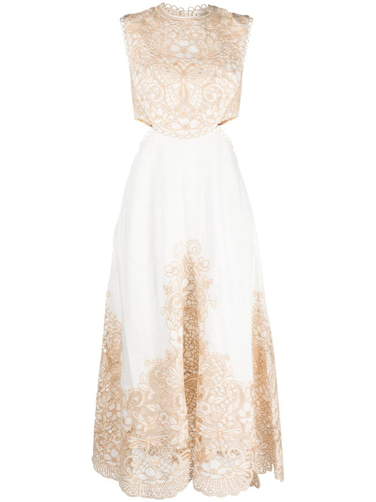 Neutral Embroidered Floral Linen Midi Dress