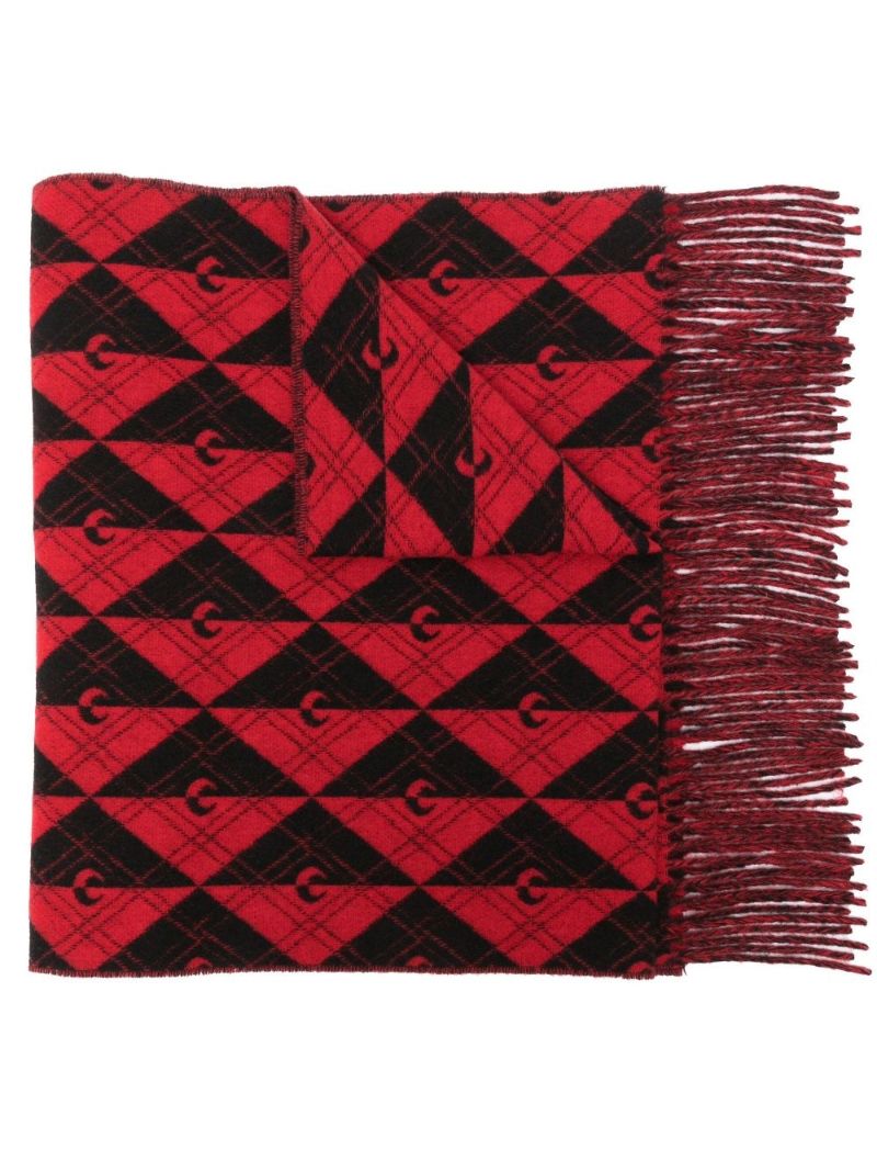 Red and White Monogram Fringed Scarf