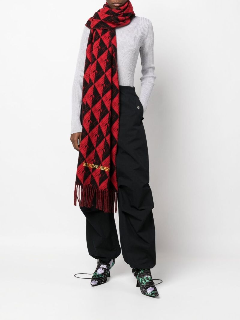 Red and White Monogram Fringed Scarf