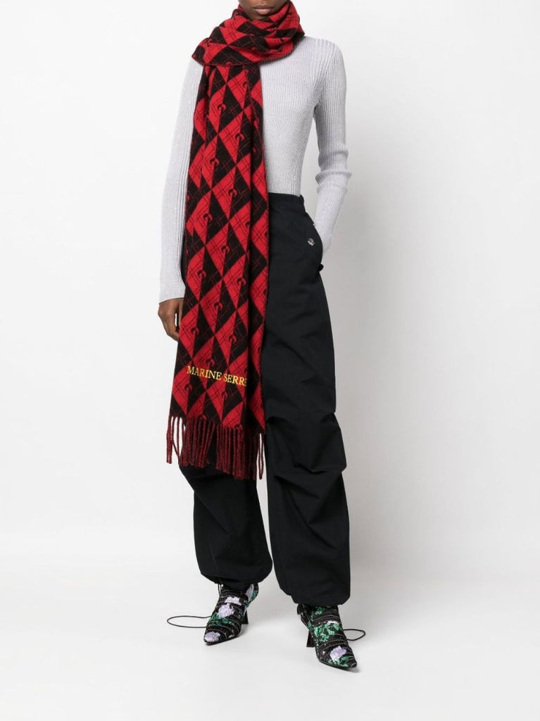 Red and White Monogram Fringed Scarf