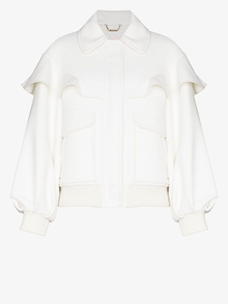 White Ruffled Virgin Wool Bomber Jacket