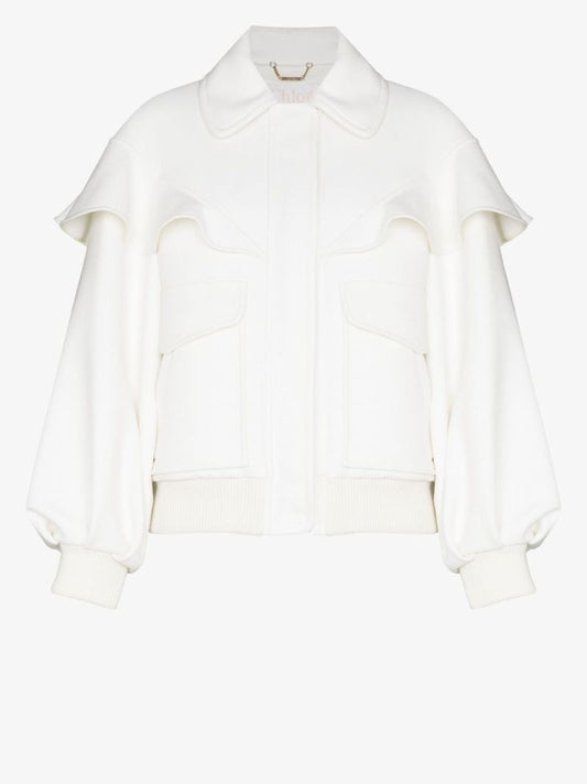 White Ruffled Virgin Wool Bomber Jacket