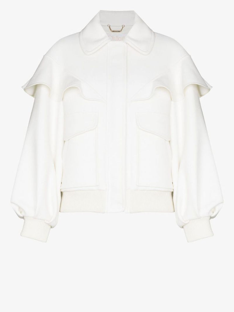 White Ruffled Virgin Wool Bomber Jacket