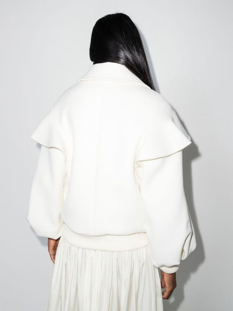 White Ruffled Virgin Wool Bomber Jacket