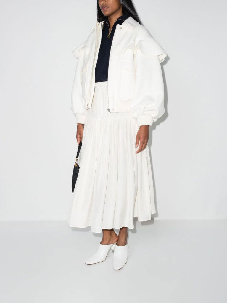 White Ruffled Virgin Wool Bomber Jacket