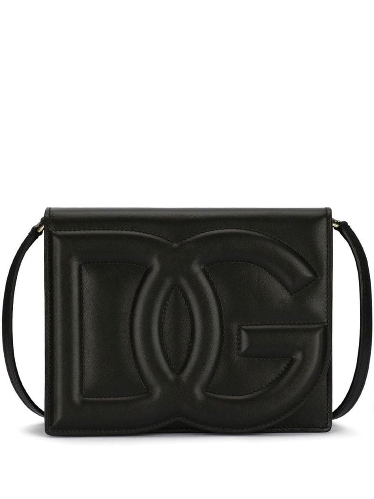 Black Embossed Logo Leather Cross Body Bag