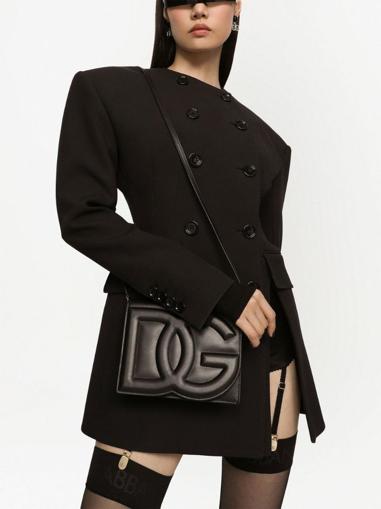 Black Embossed Logo Leather Cross Body Bag