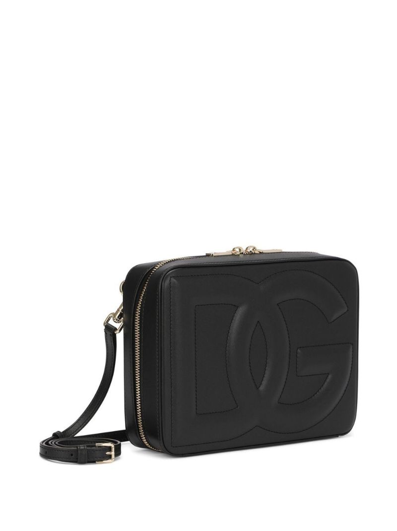 Black Embossed Logo Medium Leather Camera Bag