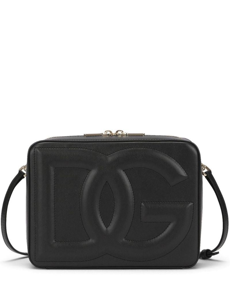 Black Embossed Logo Medium Leather Camera Bag