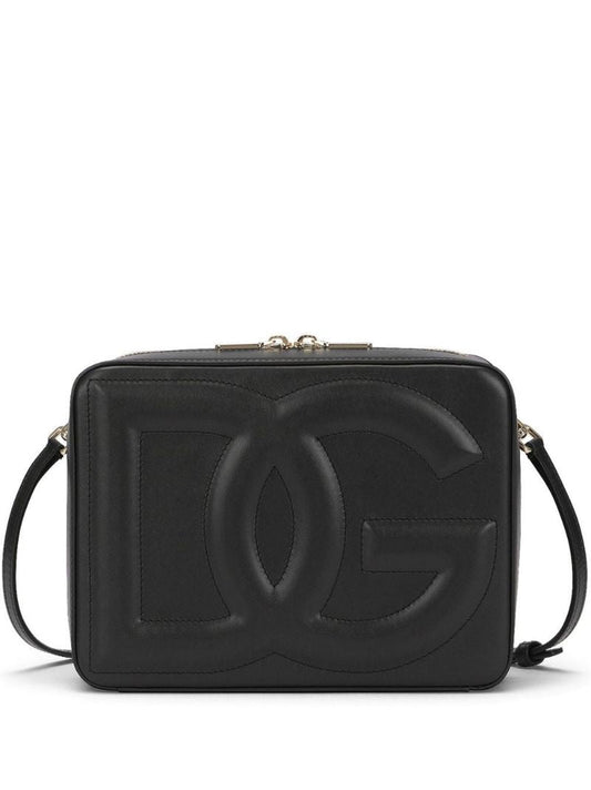 Black Embossed Logo Medium Leather Camera Bag