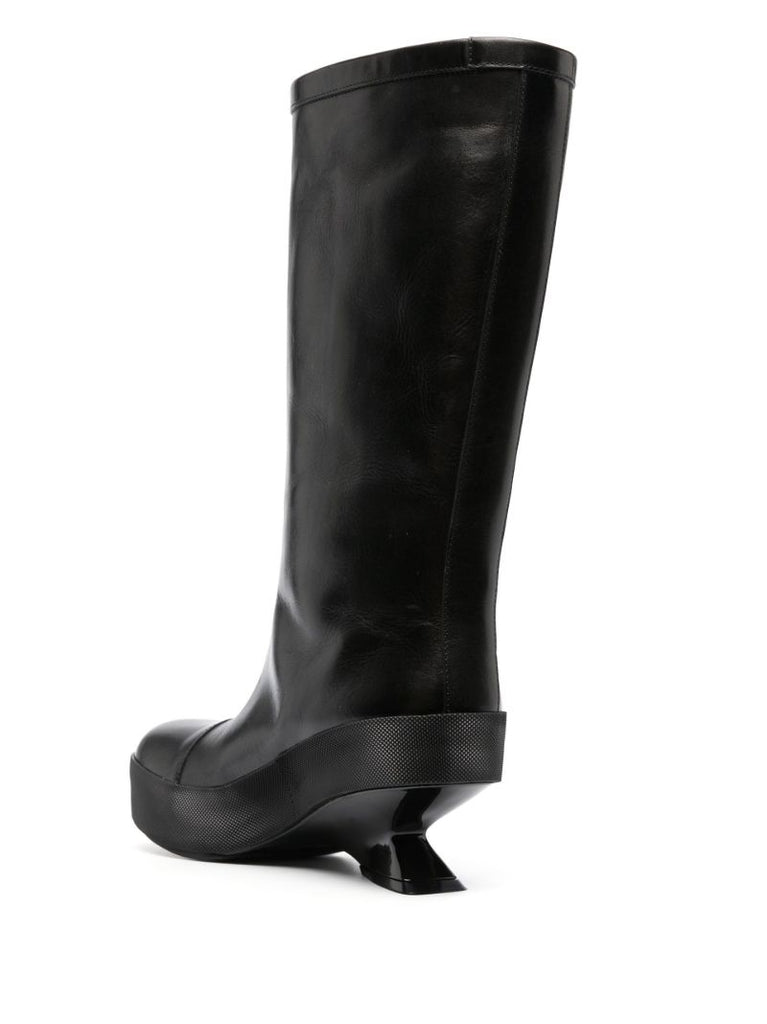 Black Sculpted Heel Leather Knee Boots
