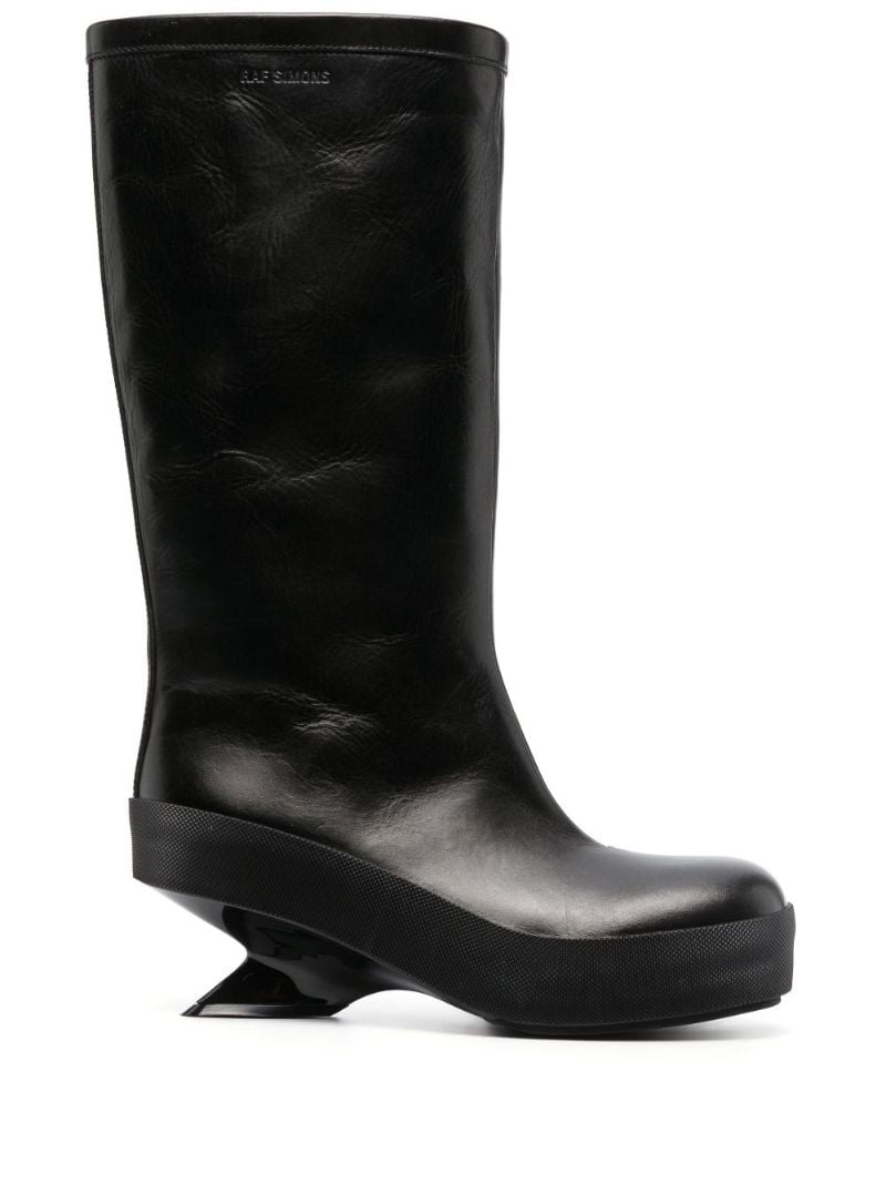 Black Sculpted Heel Leather Knee Boots