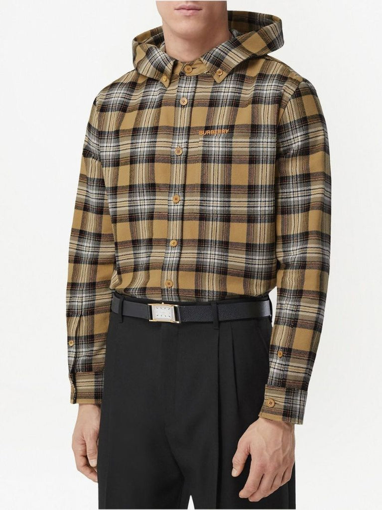 Neutral Check Print Hooded Shirt