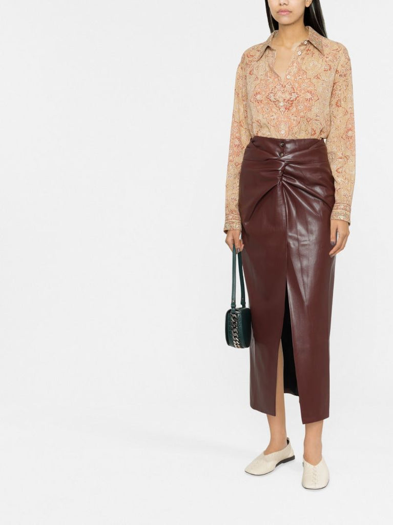 Red Leane Knotted Faux Leather Midi Skirt