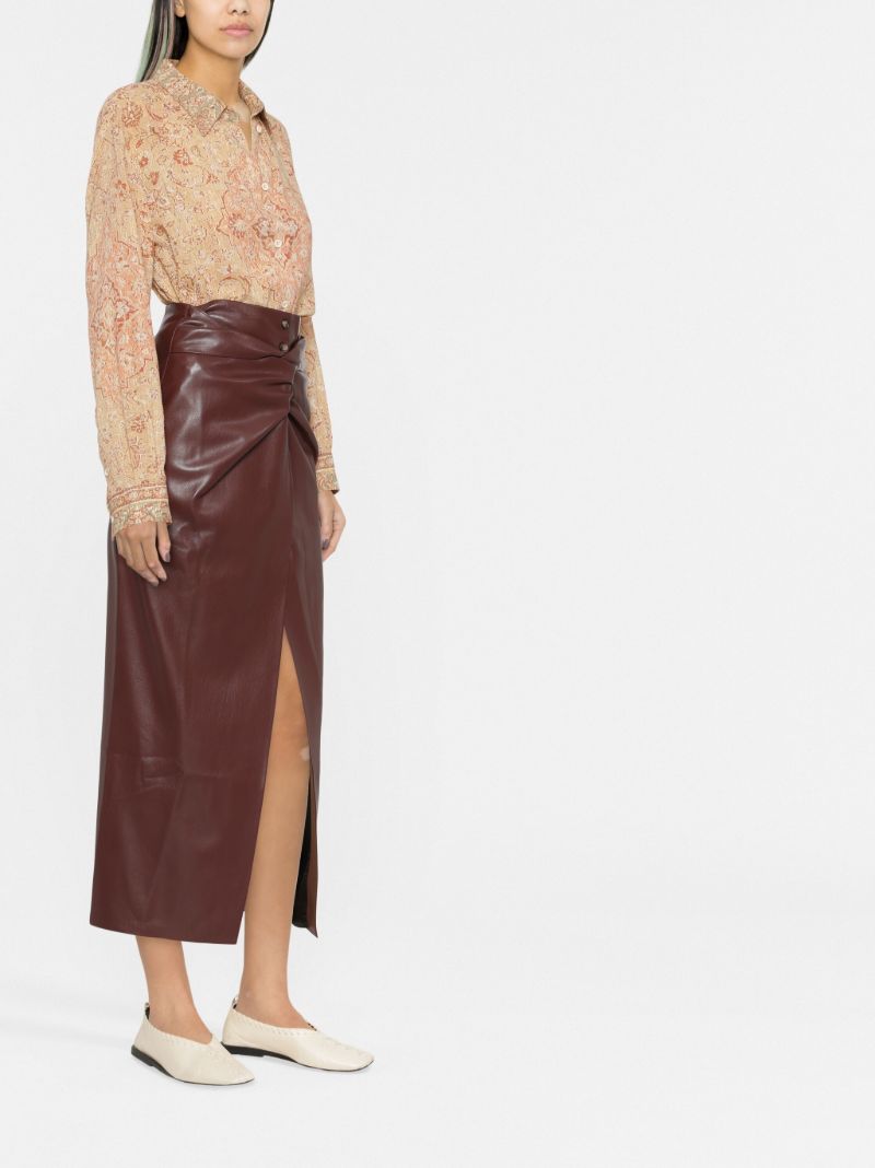 Red Leane Knotted Faux Leather Midi Skirt