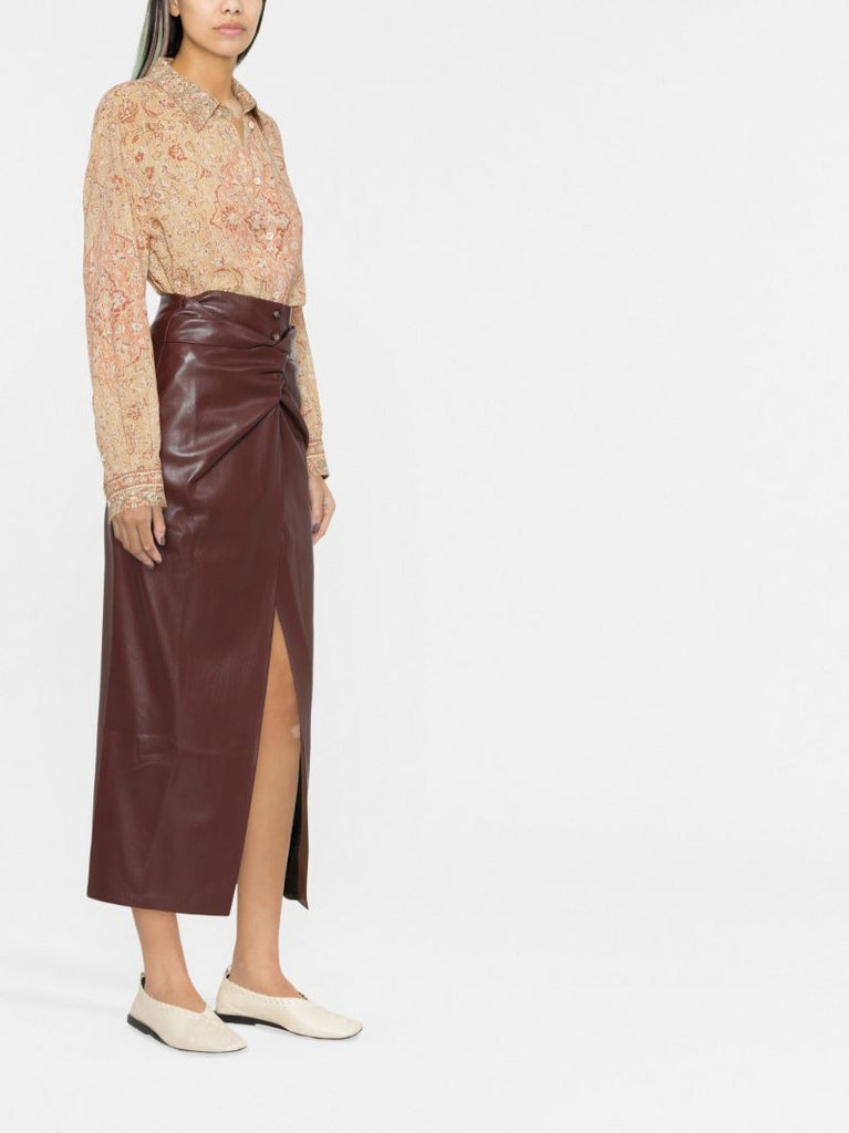 Red Leane Knotted Faux Leather Midi Skirt