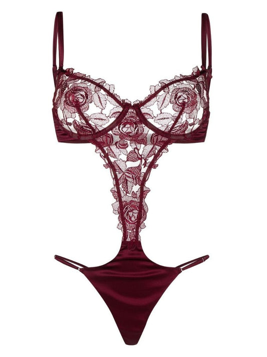 Red Rose Lace Silk Bodysuit
