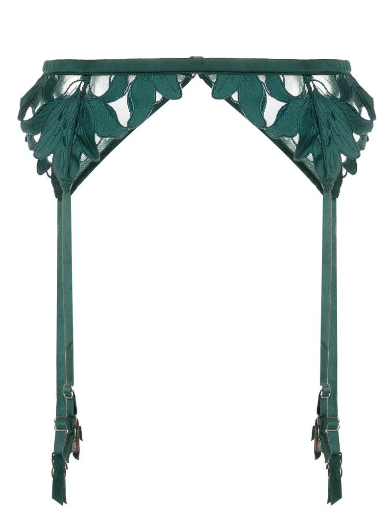 Green Lily Embroidered Garter Belt