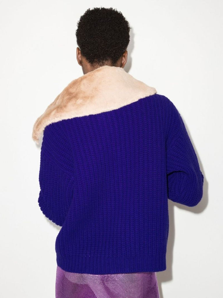 Purple Faux Fur Trim Wool Cardigan Twinset