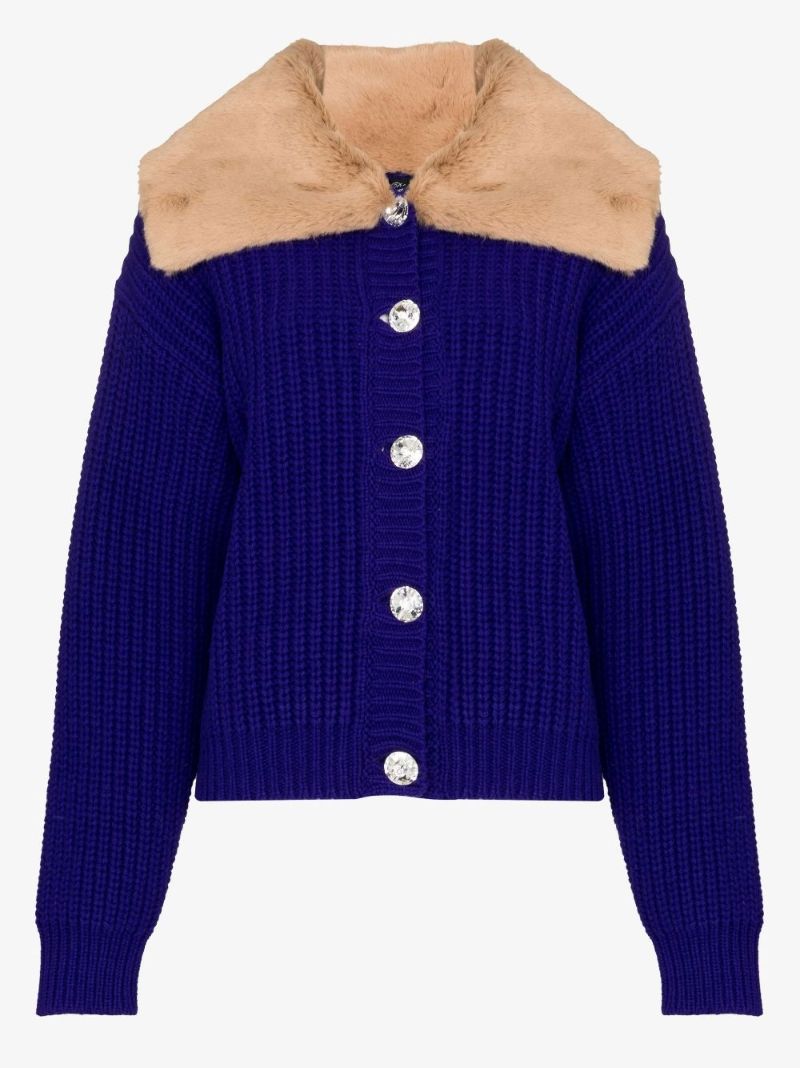Purple Faux Fur Trim Wool Cardigan Twinset