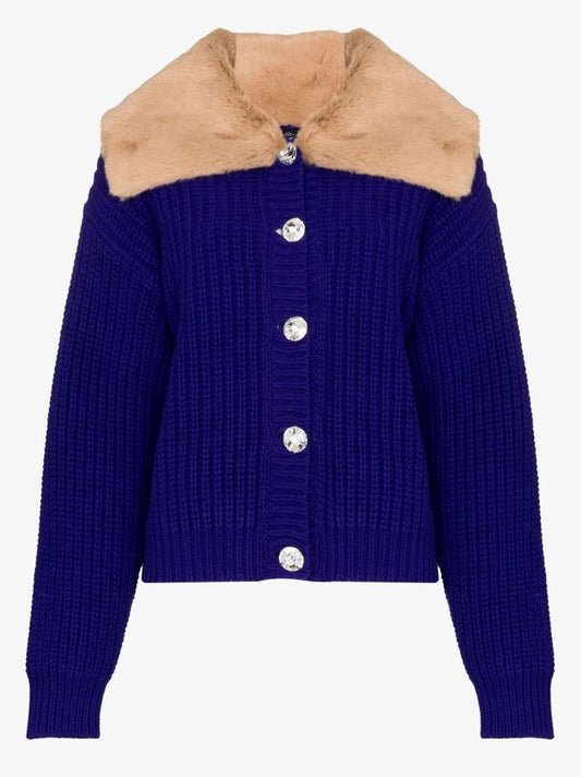 Purple Faux Fur Trim Wool Cardigan Twinset