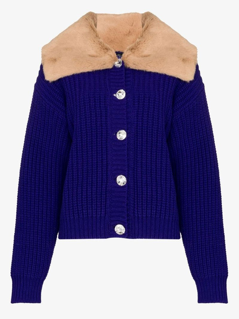 Purple Faux Fur Trim Wool Cardigan Twinset